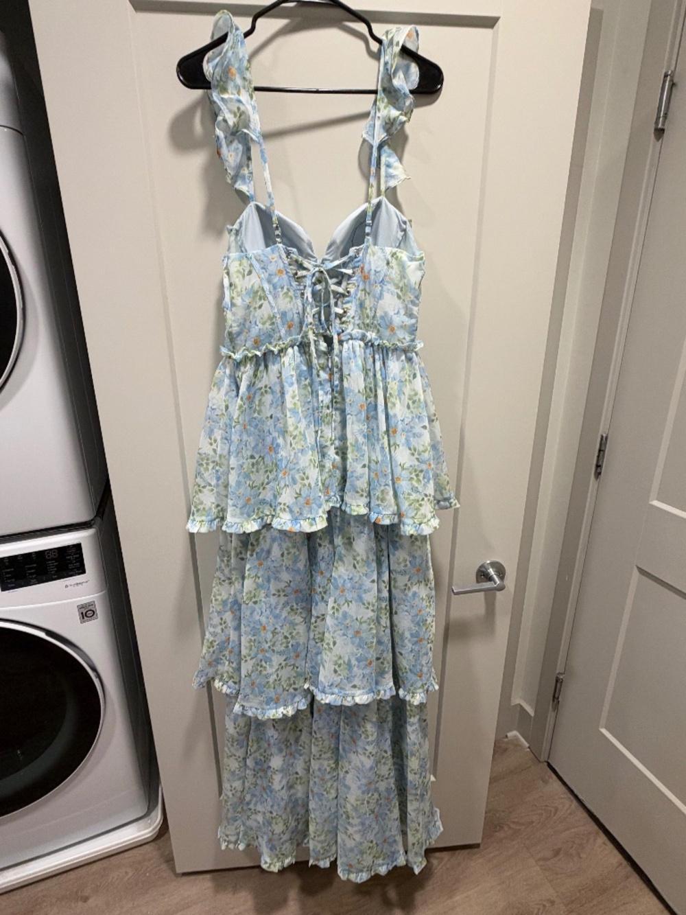 Azazie Atelier Floral Ruffle Tiered Corset Maxi Dress Blue Size 10
